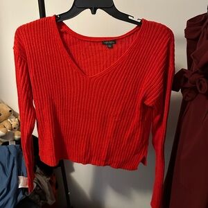 Red V-Neck Ribbed Cropped Sweater